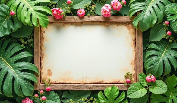 Photo un panneau en bois vide entouré de plantes et de fleurs tropicales