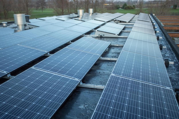 Panneau de cellules solaires installé sur le toit d'un grand bâtiment