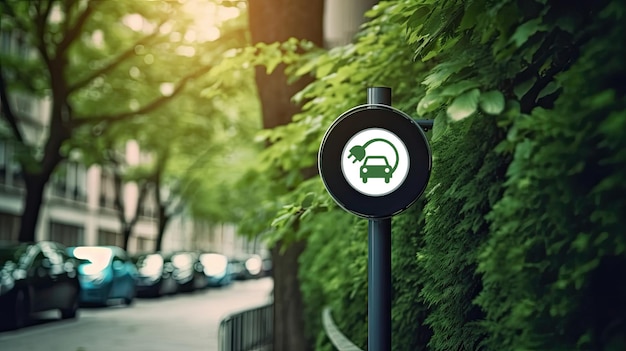 Photo le panneau de charge des véhicules électriques dans les rues de la ville créé avec la technologie d'intelligence artificielle générative