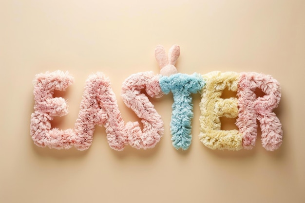 Un panneau coloré de Pâques créé avec des lettres moelleuses et des oreilles de lapin sur un fond jaune
