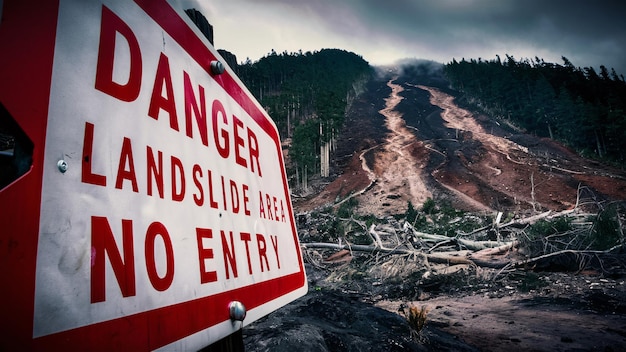 Photo un panneau de danger rouge et blanc devant un fond de glissement de terrain en montagne