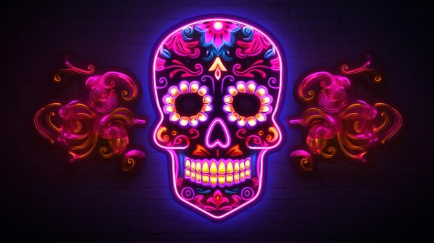 Panneau de décoration de crâne au néon coloré, concept mexicain du jour des morts
