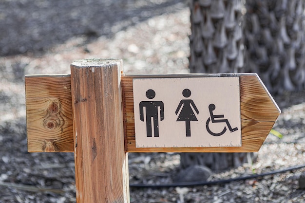 Panneau de direction de salle de bains en bois dans un parc ensoleillé