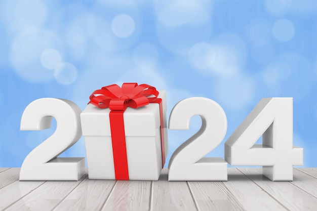 Photo panneau du nouvel an 2024 avec boîte cadeau et ruban rouge sur une table en bois rendu 3d