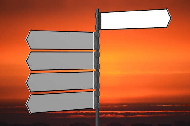 Panneau avec flèches blanches ciel coucher de soleil en arrière-plan illustration 3D