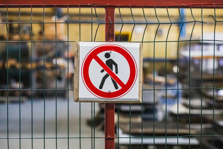 Photo panneau d'interdiction d'entrée sur la clôture à l'usine