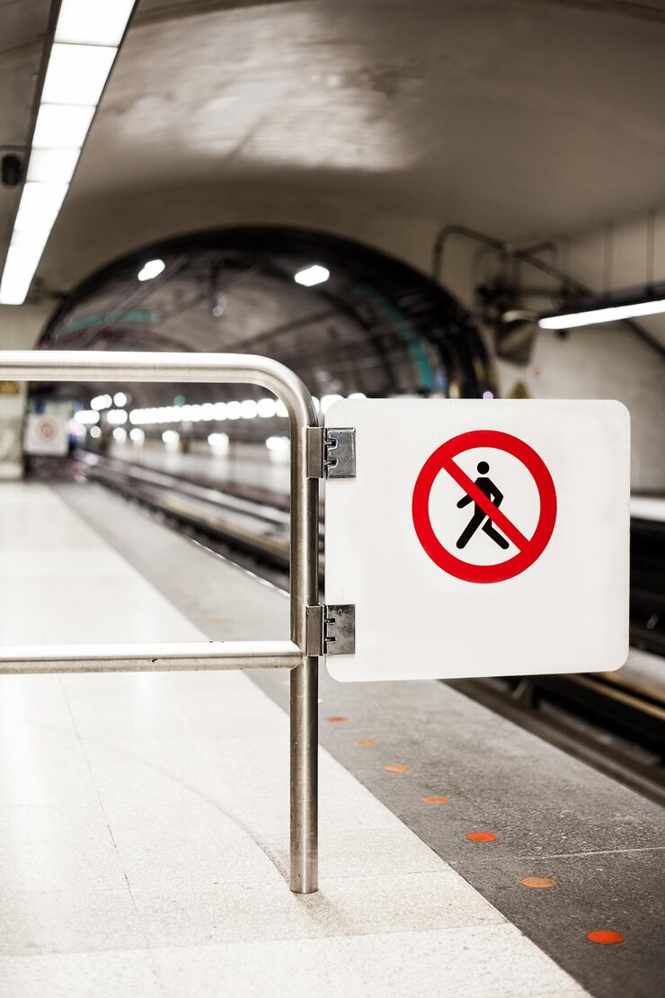 Photo panneau d'interdiction de sécurité ne pas traverser sur une plate-forme de métro