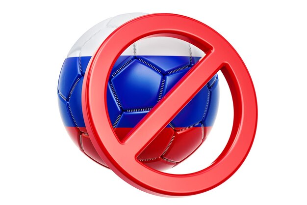 Un panneau interdit avec un concept de boycott du ballon de football russe en 3D