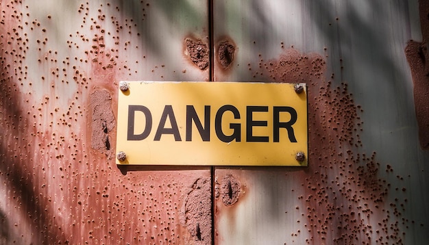 Le panneau jaune DANGER sur le vieux mur métallique rouillé Message d'avertissement Interdit d'entrée ou de passage attentivement