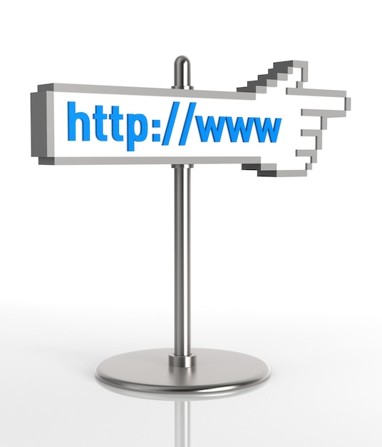 Panneau de la main WWW. Image générée numériquement isolé sur fond blanc. Rendu 3D