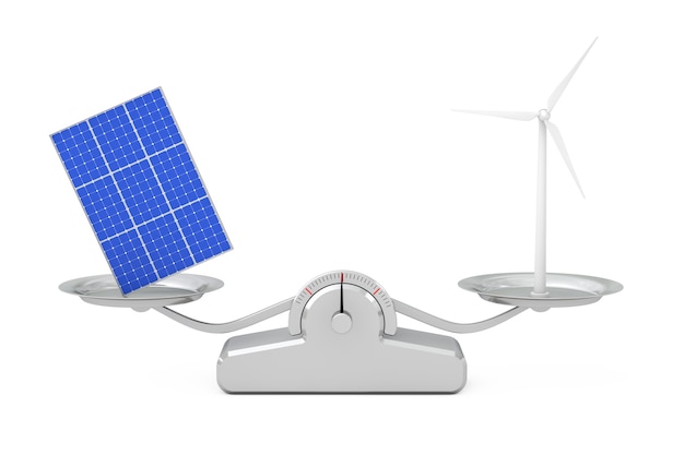 Panneau de modèle de cellule solaire bleu avec éolienne en équilibre sur une échelle de pondération simple sur un fond blanc. Rendu 3D