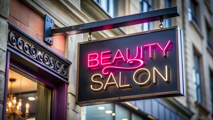 Photo un panneau de néon pour un salon de beauté est suspendu à un bâtiment