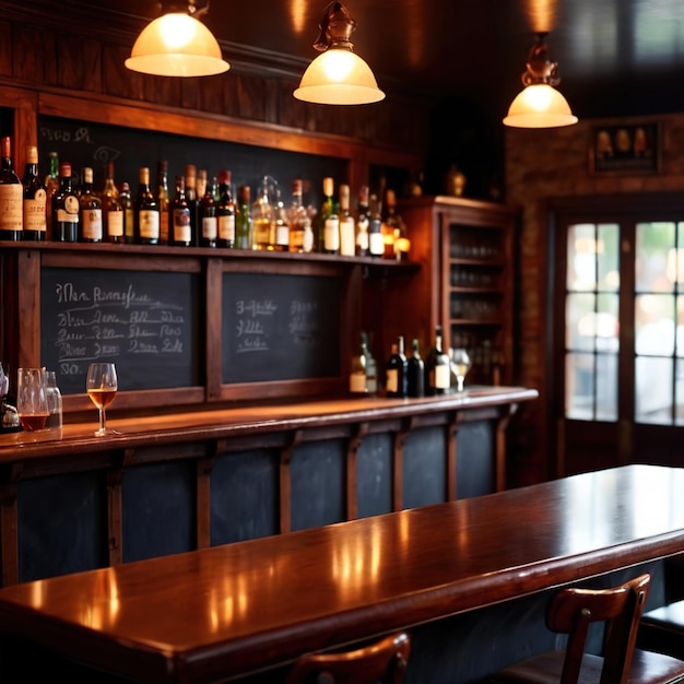 Un panneau noir vide sur le mur derrière le bar d'un restaurant