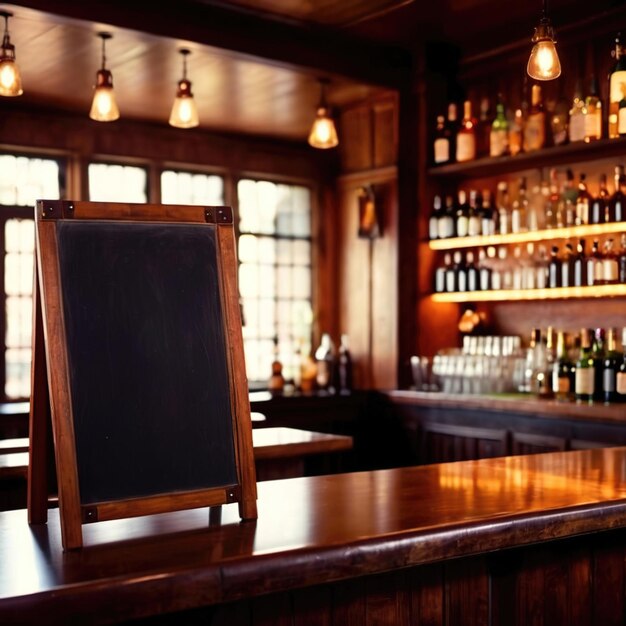 Un panneau noir vide sur le mur derrière le bar d'un restaurant