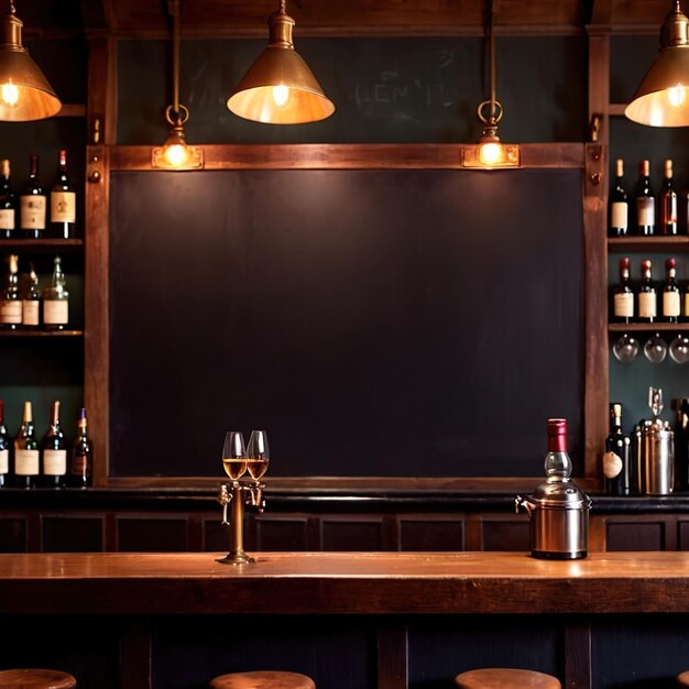 Un panneau noir vide sur le mur derrière le bar d'un restaurant