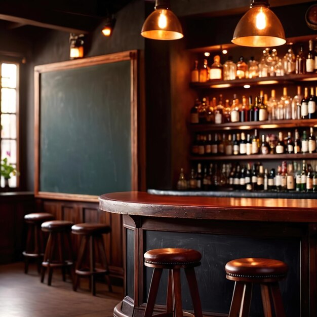 Un panneau noir vide sur le mur derrière le bar d'un restaurant