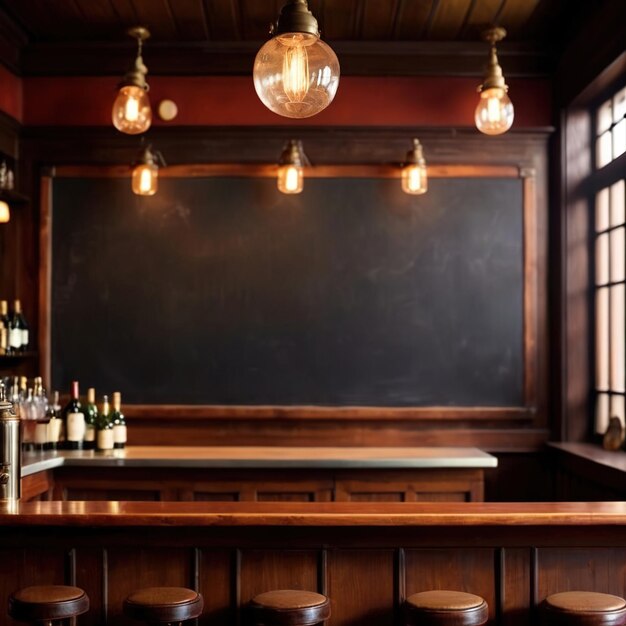 Un panneau noir vide sur le mur derrière le bar d'un restaurant