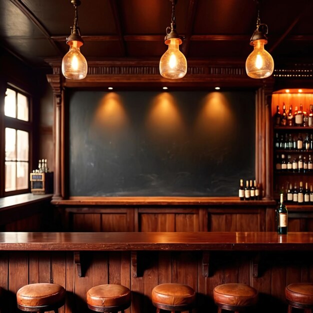 Un panneau noir vide sur le mur derrière le bar d'un restaurant