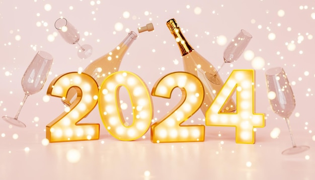 Photo le panneau de la nouvelle année 2024 étincelant de champagne.