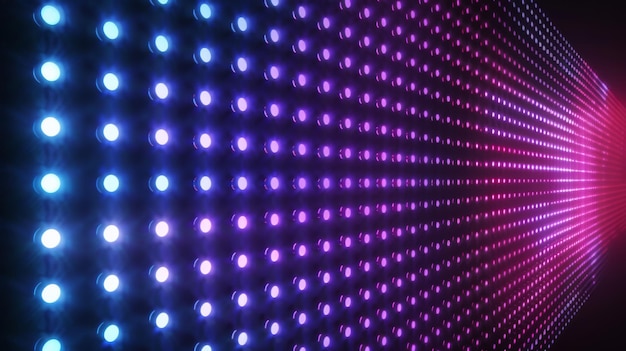 Un panneau numérique avec des lampes à diode maillée avec un motif de grille de lumières à points bleus et violets brillants est illustré sur un fond noir