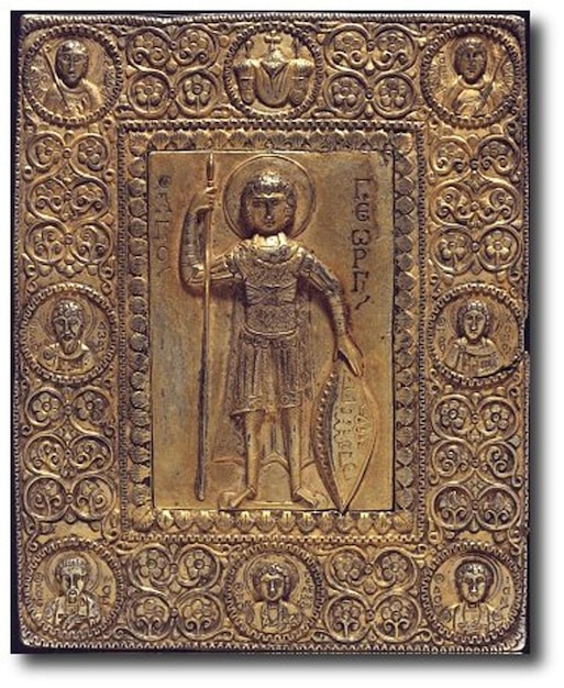 Photo un panneau en or et en bronze avec une image d'un homme tenant une lance