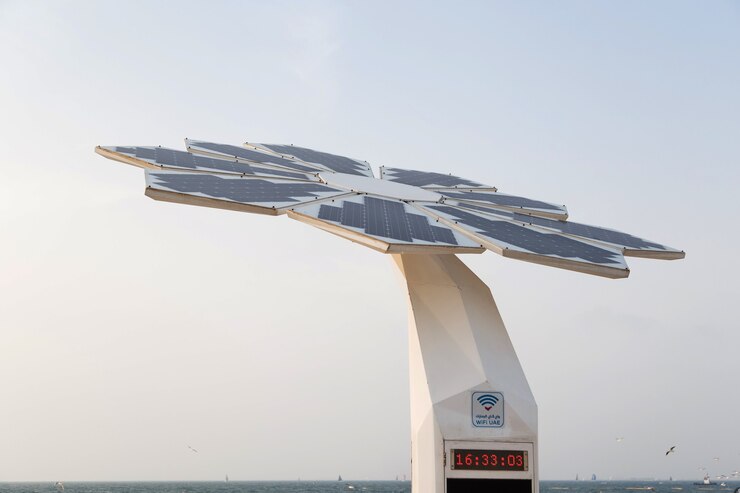Photo panneau photovoltaïque au-dessus de la douche debout sur la plage.