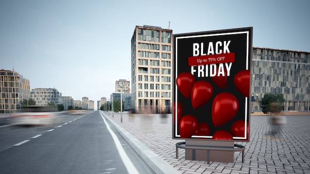 Panneau publicitaire vendredi noir sur la maquette de rue rendu 3d