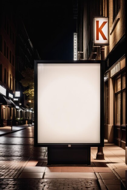 Panneau publicitaire vide avec écran blanc sur le trottoir pendant la nuit