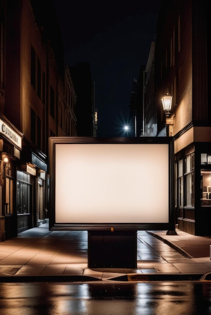 Panneau publicitaire vide avec écran blanc sur le trottoir pendant la nuit