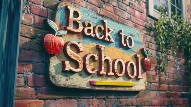 Un panneau de retour à l'école en bois rustique sur un mur de briques