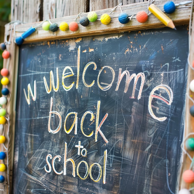 Le panneau de retour à l'école sur fond de tableau à craie