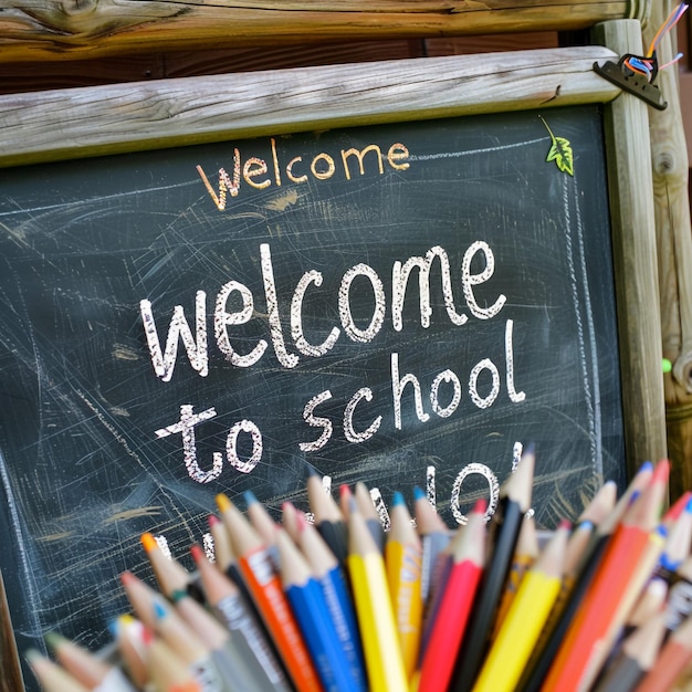 Le panneau de retour à l'école sur fond de tableau à craie