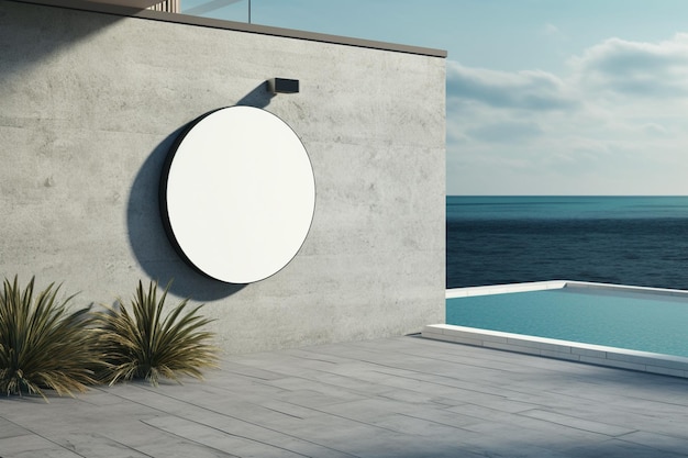 Un panneau rond sur un mur à côté d'une piscine avec une piscine en arrière-plan.