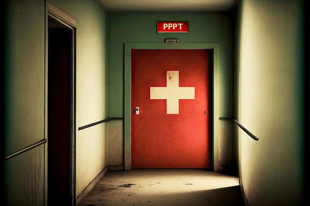 Photo panneau rouge avec croix noire sur la porte dans le couloir de l'hôpital du pays