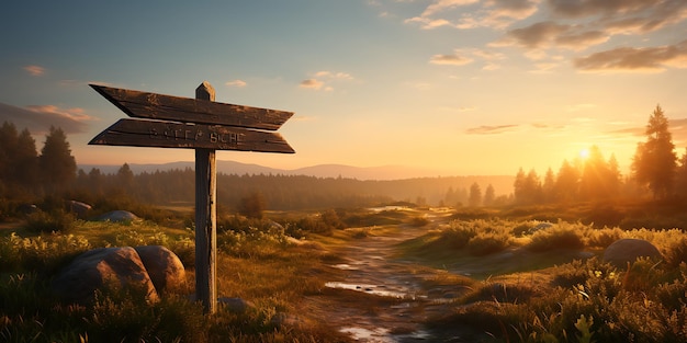 Un panneau de signalisation en bois dans les montagnes au coucher du soleil Beau paysage