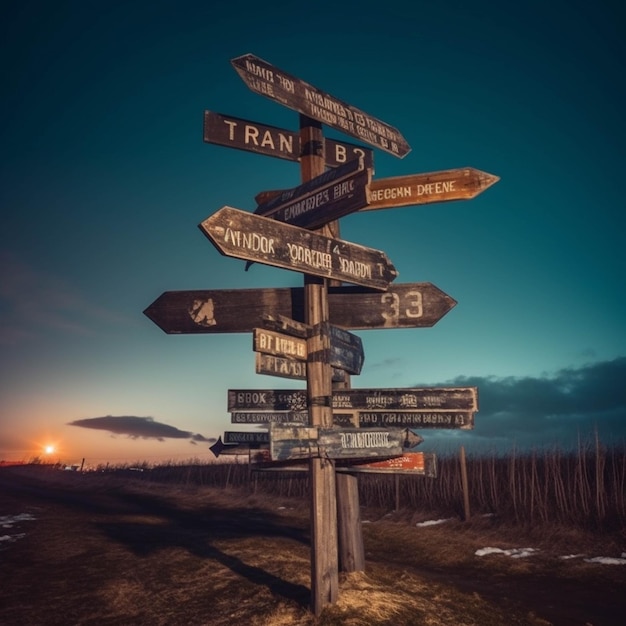 Un panneau de signalisation en bois sur une route rurale au coucher du soleil dans la campagne