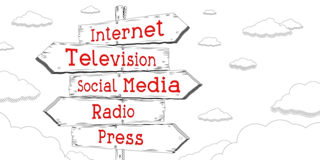 Photo panneau de signalisation de contour de presse de radio de médias sociaux de télévision sur internet avec cinq flèches