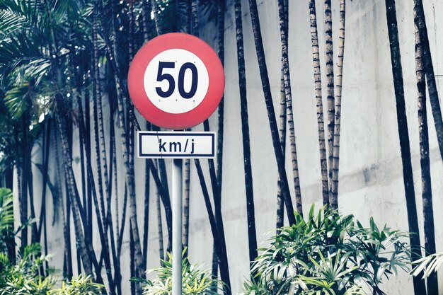 Photo un panneau de signalisation contre les arbres