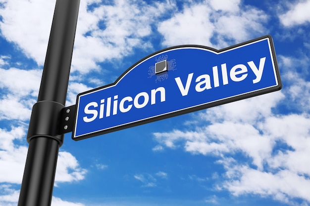 Panneau de signalisation de Silicon Valley sur un fond de ciel bleu. Rendu 3D