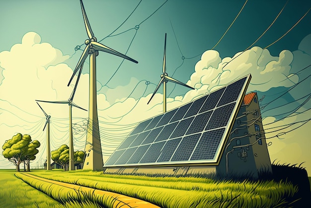 Panneau solaire de conception de bannière verte contre un champ vert le concept de sauver la planète un