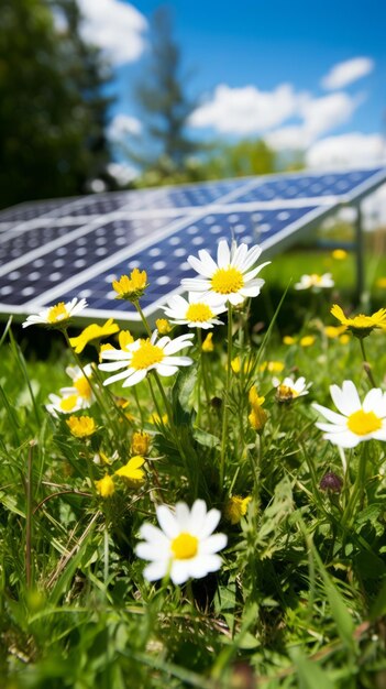 Un panneau solaire dans un champ de marguerites