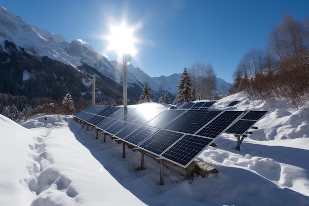 Un panneau solaire dans la neige avec les montagnes en arrière-plan