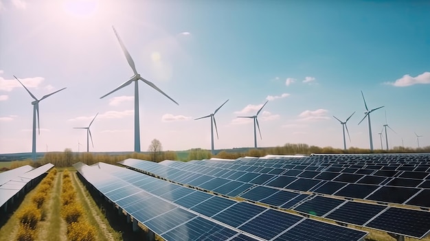 Panneau solaire avec éolienne et fond de ciel bleu