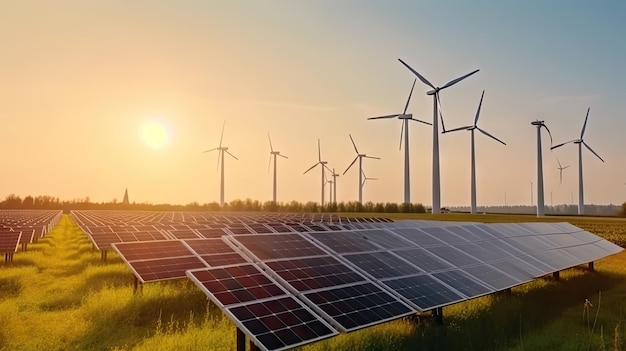 Panneau solaire avec éolienne et fond de ciel bleu