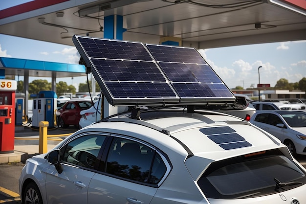 Un panneau solaire est sur le toit d'une voiture dans une station-service