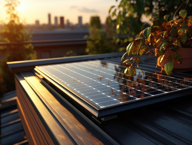 Panneau solaire moderne sur le toit avec des plantes le matin Panneau solaire sur le toit rouge reflétant le soleil et le ciel bleu sans nuages Ai génératif