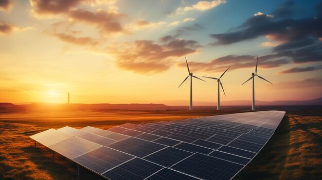 Photo panneau solaire avec turbine et coucher de soleil contexte ciel bleu concept d'énergie propre