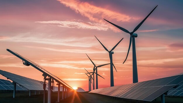 Panneau solaire et turbine avec fond de coucher de soleil