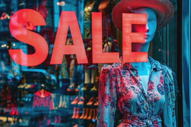 Panneau de vente dynamique au-dessus d'un mannequin dans une vitrine de boutique