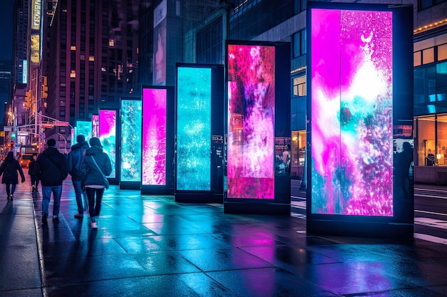 Panneaux d'affichage sur une scène de ville futuriste la nuit Art conceptuel avec une vision futuriste de la publicité
